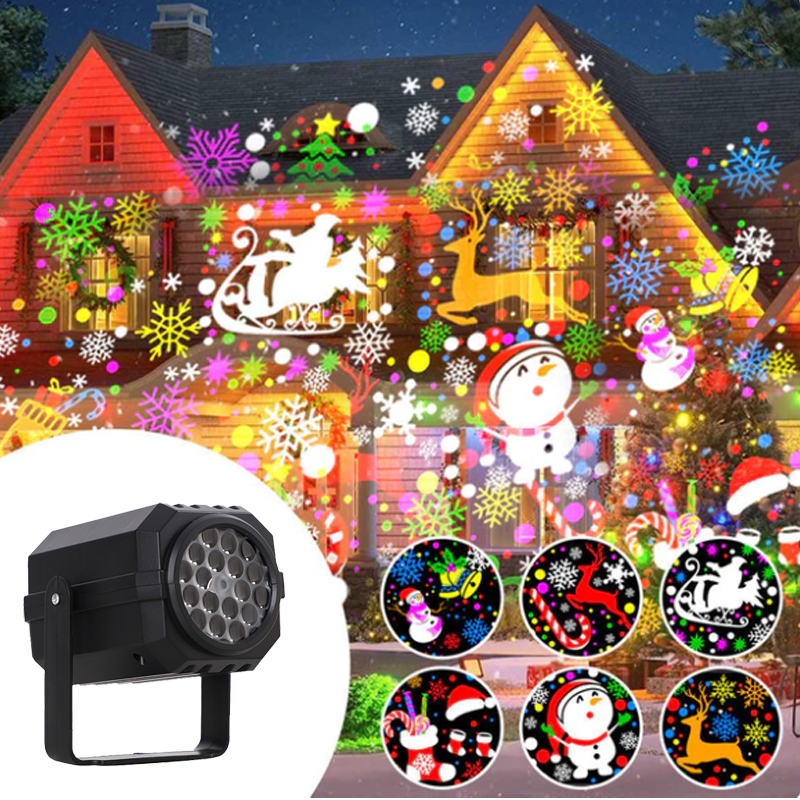 VaraLiving™ Roterende LED-juleprojektor – 8 julemotiver, vanntett for utendørs bruk