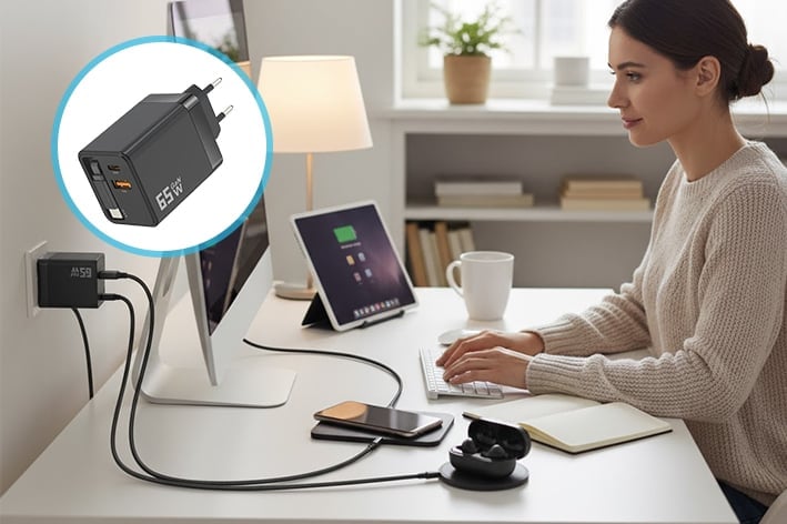 VaraLiving™ 65W GaN 3-i-1 hurtiglader