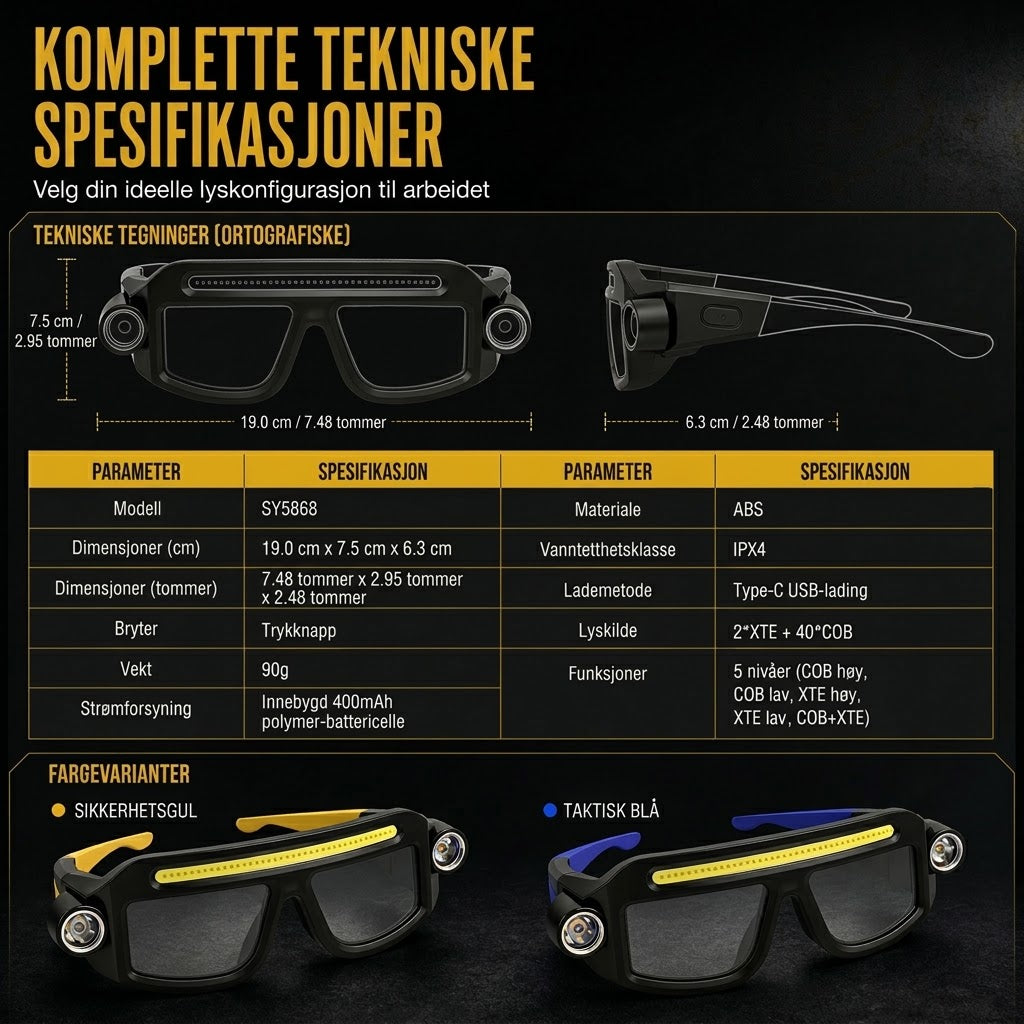 VaraLiving™ Oppladbar hodelykt og vernebrille med sensor – 5 lysmoduser og vanntett design