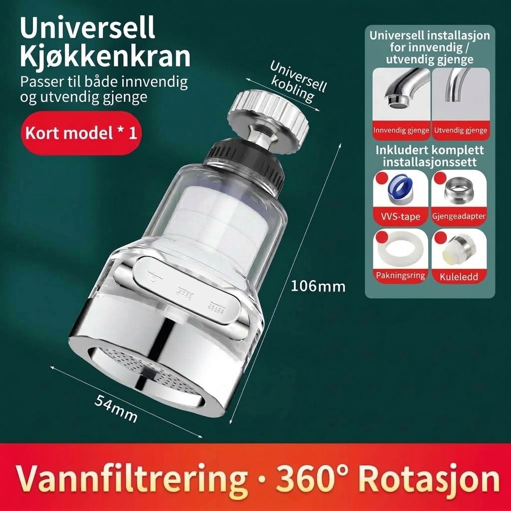 OmniLiving™ Universelt Kranfilter for Kjøkken og Bad | Sprutsikker Vannkran-Luftemaskin