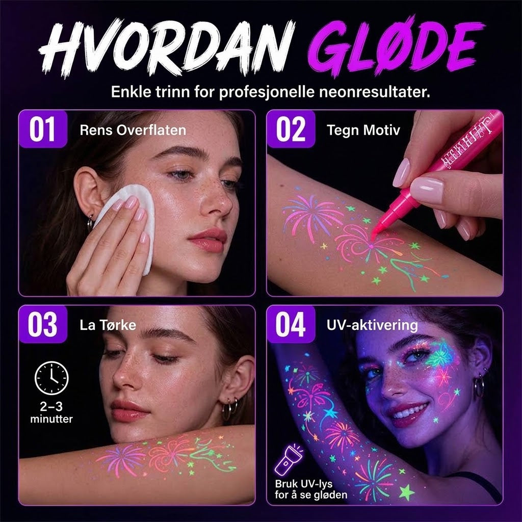 VaraLiving™ UV-glød Tatueringstusj og Body Paint | Selvlysende Marker for Fest og Festival