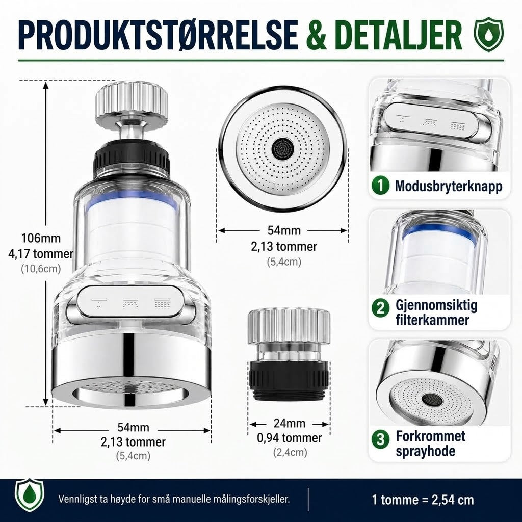 OmniLiving™ Universelt Kranfilter for Kjøkken og Bad | Sprutsikker Vannkran-Luftemaskin