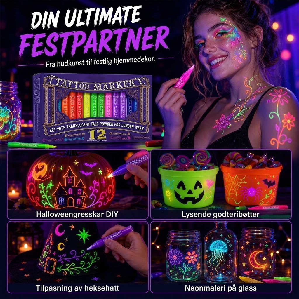 VaraLiving™ UV-glød Tatueringstusj og Body Paint | Selvlysende Marker for Fest og Festival