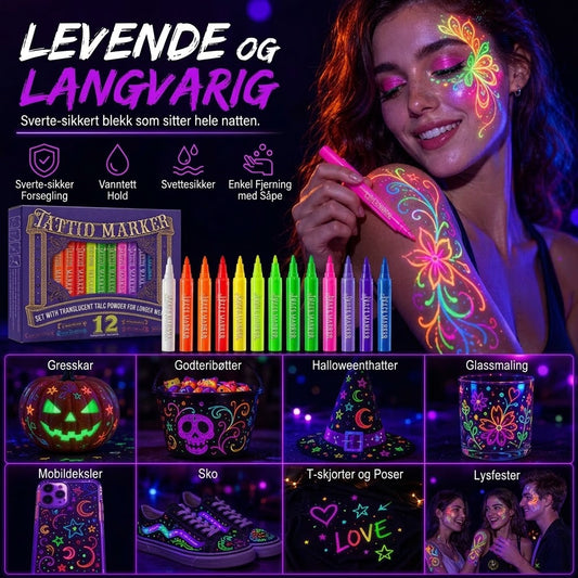 VaraLiving™ UV-glød Tatueringstusj og Body Paint | Selvlysende Marker for Fest og Festival