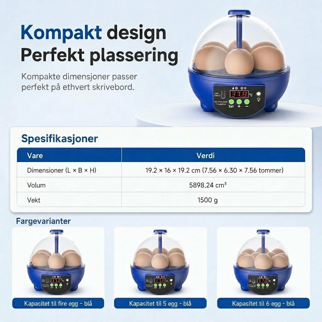 VaraLiving™ Smart USB-rugemaskin med temperaturkontroll – For kylling-, ande- og fugleegg