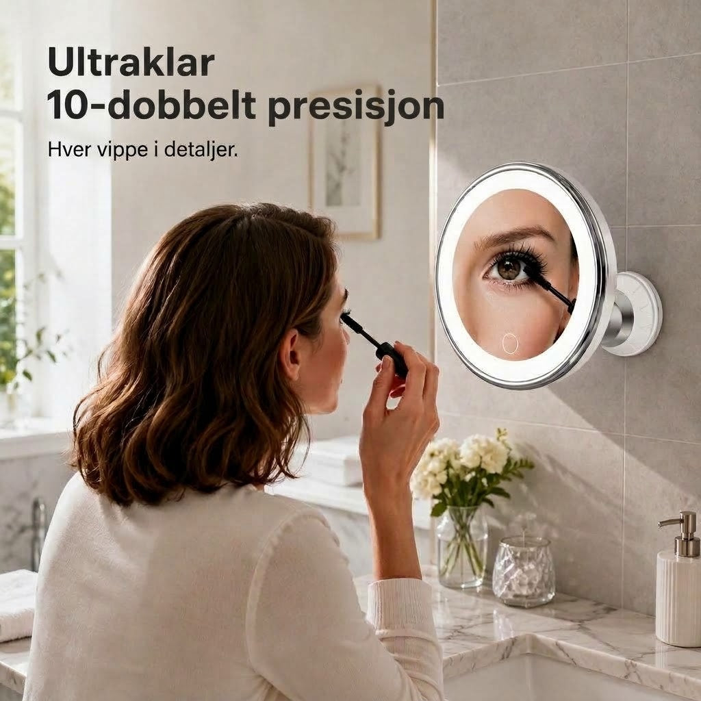 PureVal™ 10x Forstørrelsesspeil med LED & Sugekopp | Bærbart Sminkespeil for Presisjon