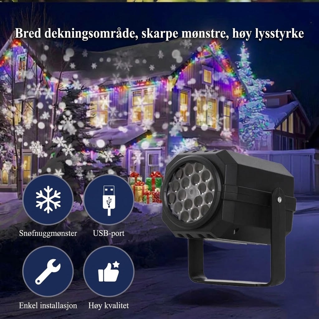 VaraLiving™ Roterende LED-juleprojektor – 8 julemotiver, vanntett for utendørs bruk