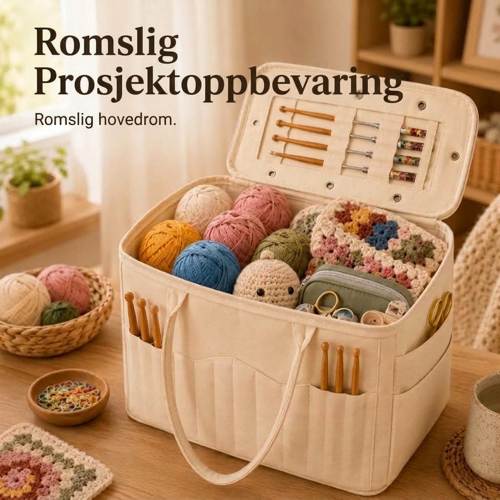 Strikkebag i lerret – Med lomme til pinner og garnhull
