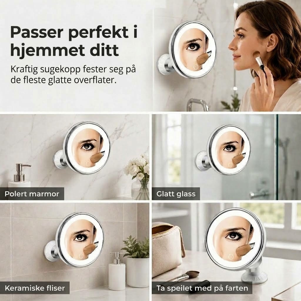 PureVal™ 10x Forstørrelsesspeil med LED & Sugekopp | Bærbart Sminkespeil for Presisjon