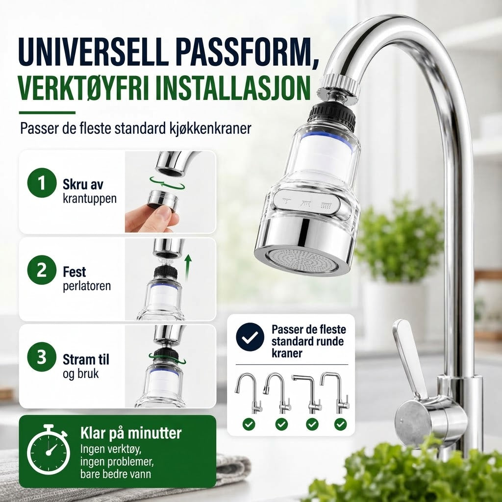 OmniLiving™ Universelt Kranfilter for Kjøkken og Bad | Sprutsikker Vannkran-Luftemaskin