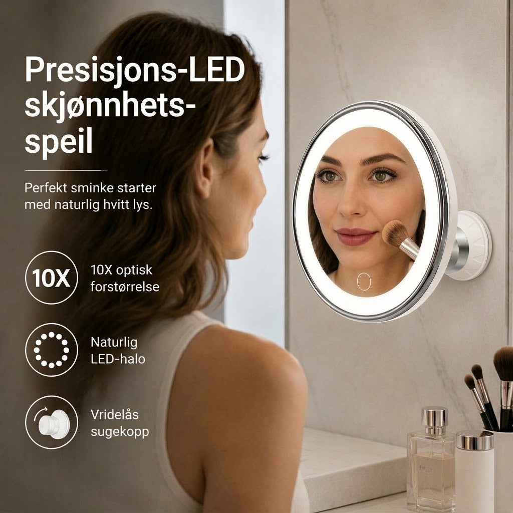PureVal™ 10x Forstørrelsesspeil med LED & Sugekopp | Bærbart Sminkespeil for Presisjon