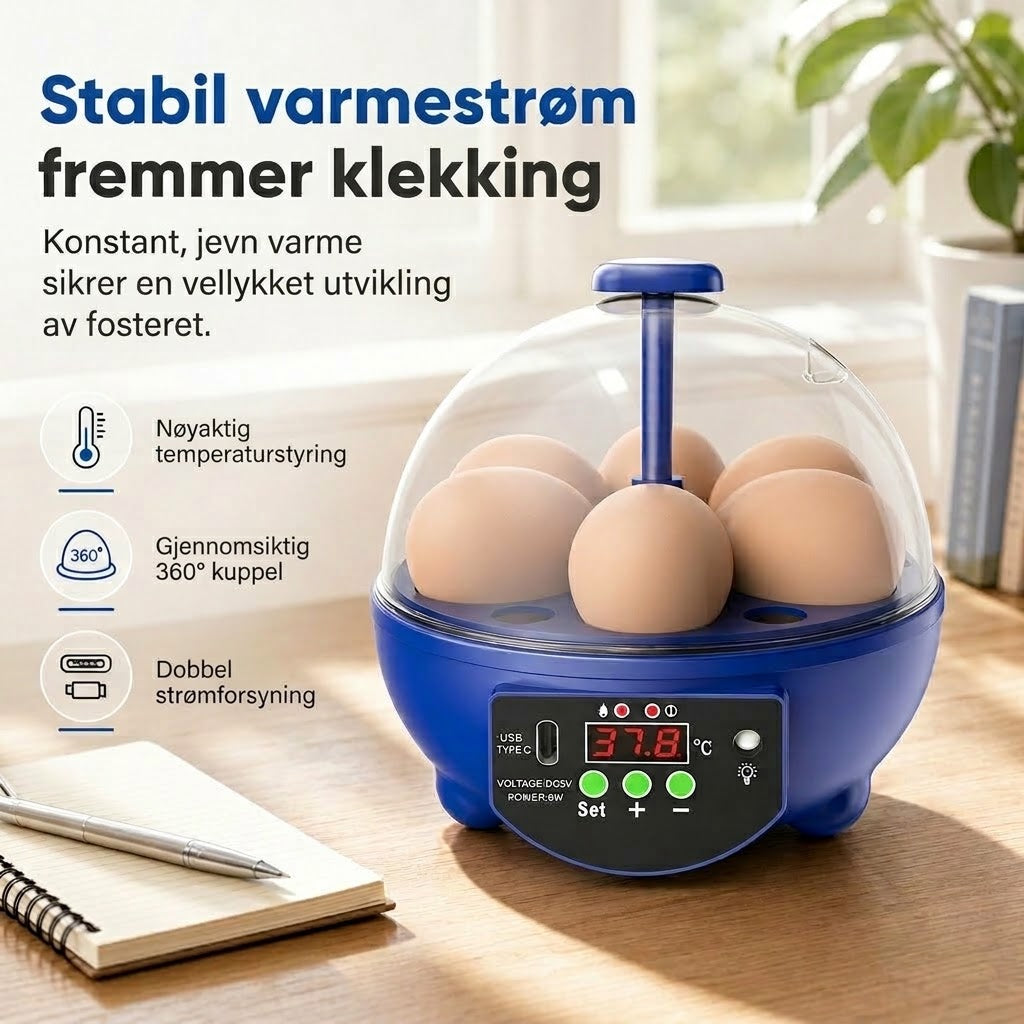 VaraLiving™ Smart USB-rugemaskin med temperaturkontroll – For kylling-, ande- og fugleegg