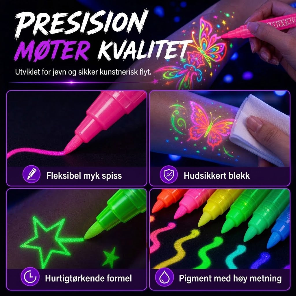 VaraLiving™ UV-glød Tatueringstusj og Body Paint | Selvlysende Marker for Fest og Festival