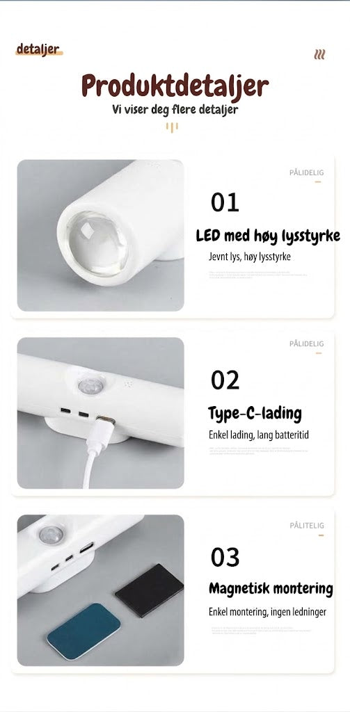 VaraLiving™ Oppladbar sensorlampe – Trådløs LED med magnetisk feste