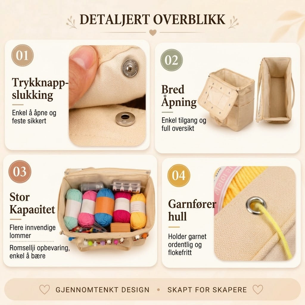 Strikkebag i lerret – Med lomme til pinner og garnhull