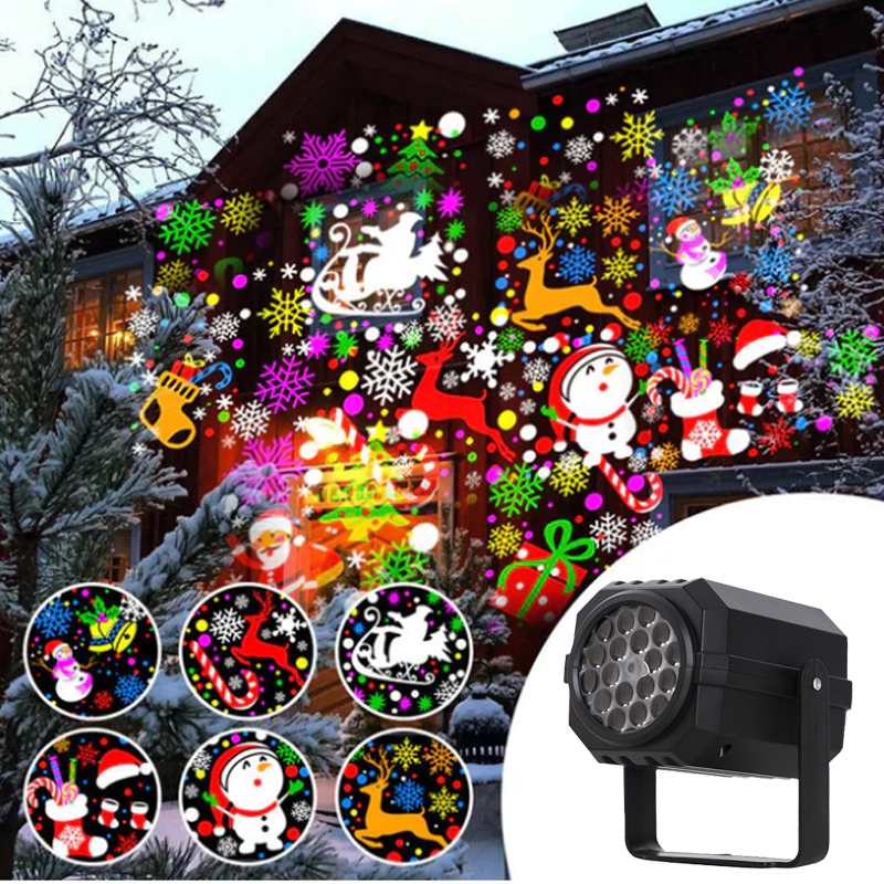 VaraLiving™ Roterende LED-juleprojektor – 8 julemotiver, vanntett for utendørs bruk