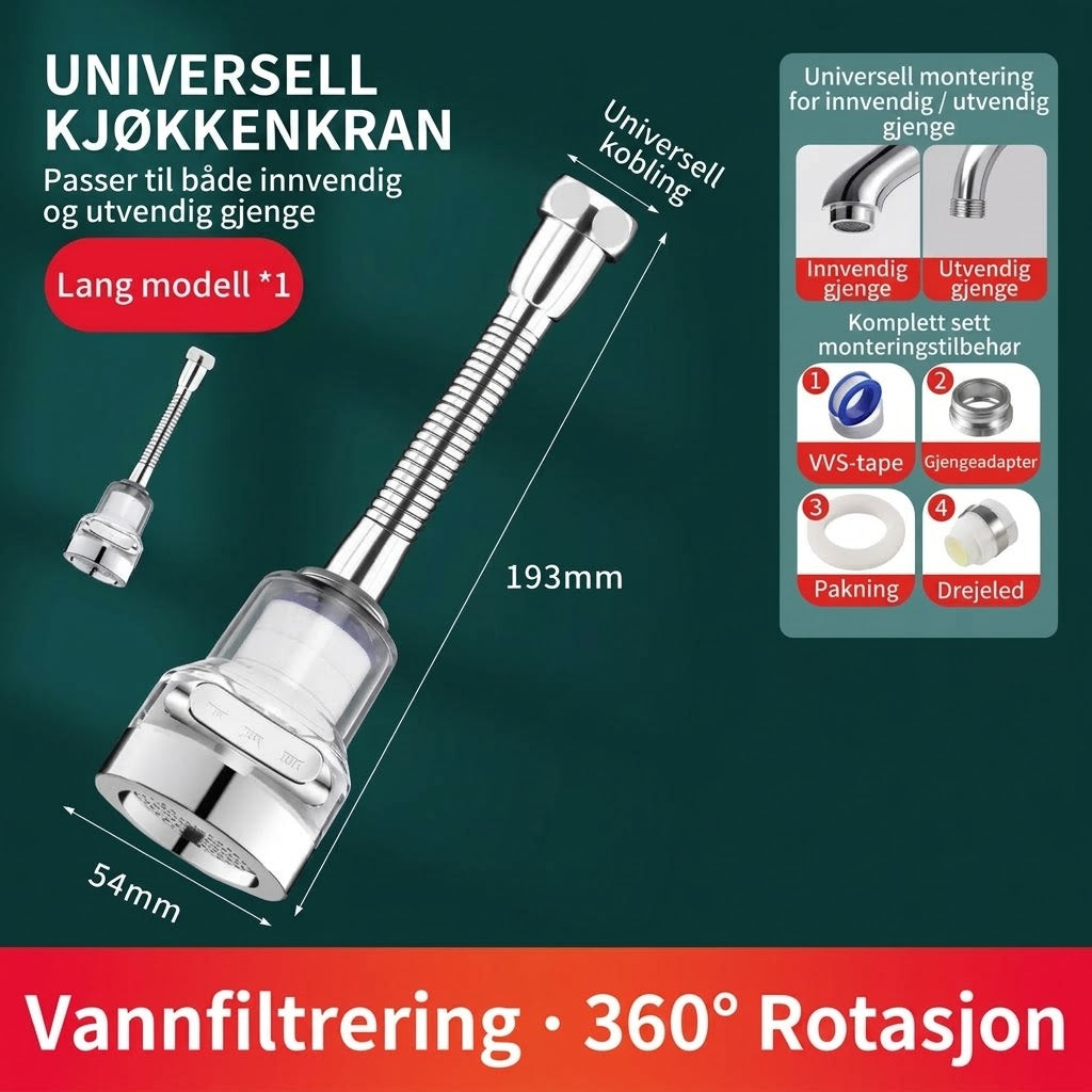 OmniLiving™ Universelt Kranfilter for Kjøkken og Bad | Sprutsikker Vannkran-Luftemaskin