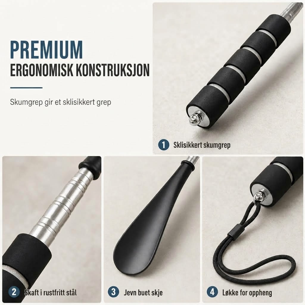 OmniLiving™ Teleskopisk Skohorn i Rustfrit Stål med Langt Skaft | Ergonomisk Hjelp til Sko
